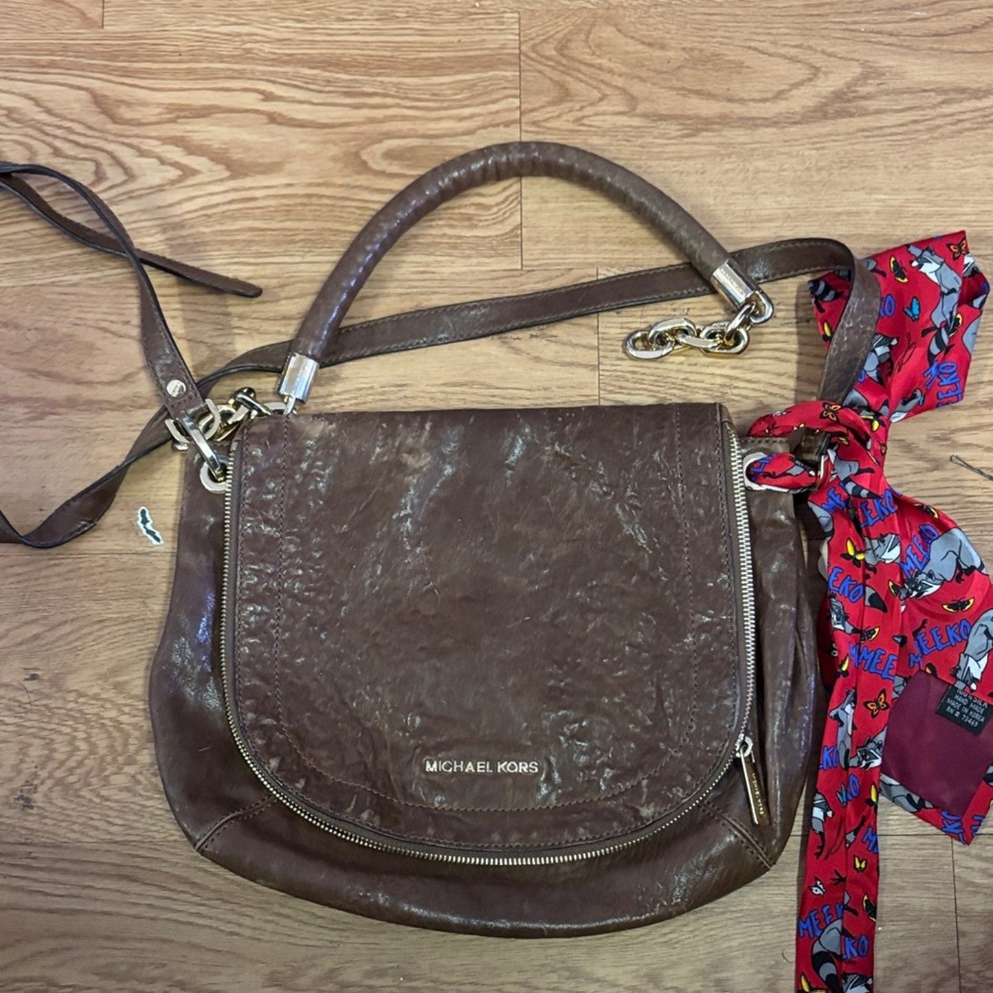 Michael Kors Brown Leather Shoulder Bag with Red Accent