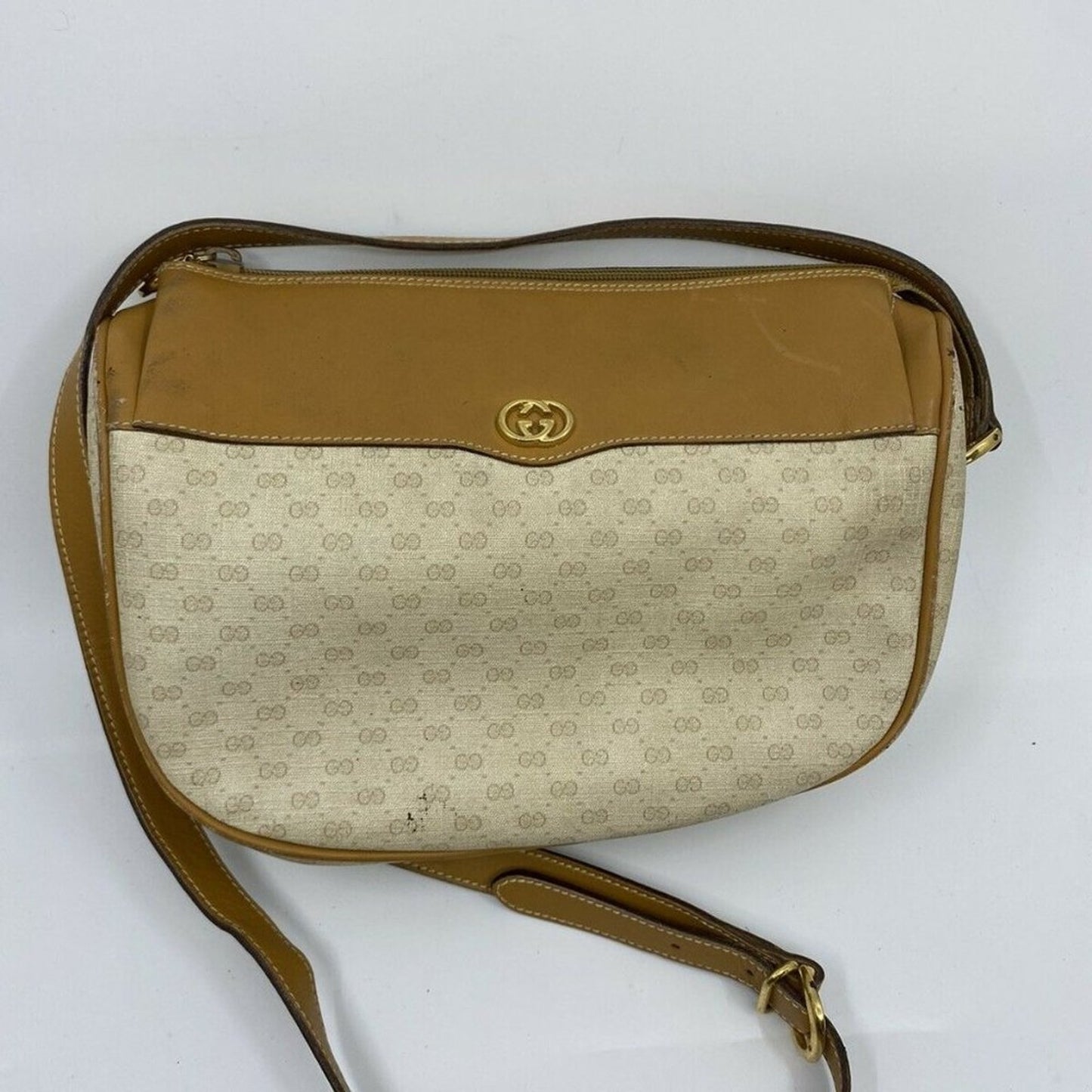 GUCCI Vintage Beige Coated Canvas/ Leather Crossbo