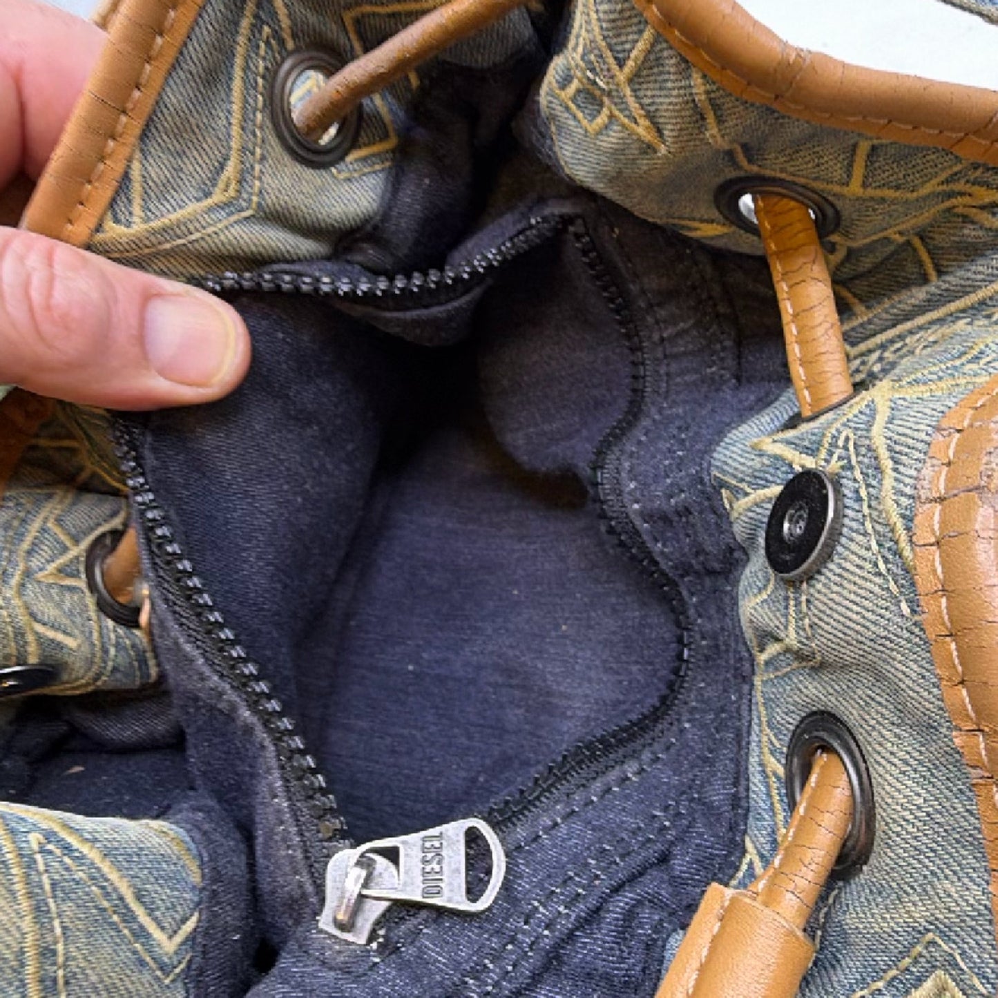 Diesel Blue Denim Leather Embroidered Bucket Bag