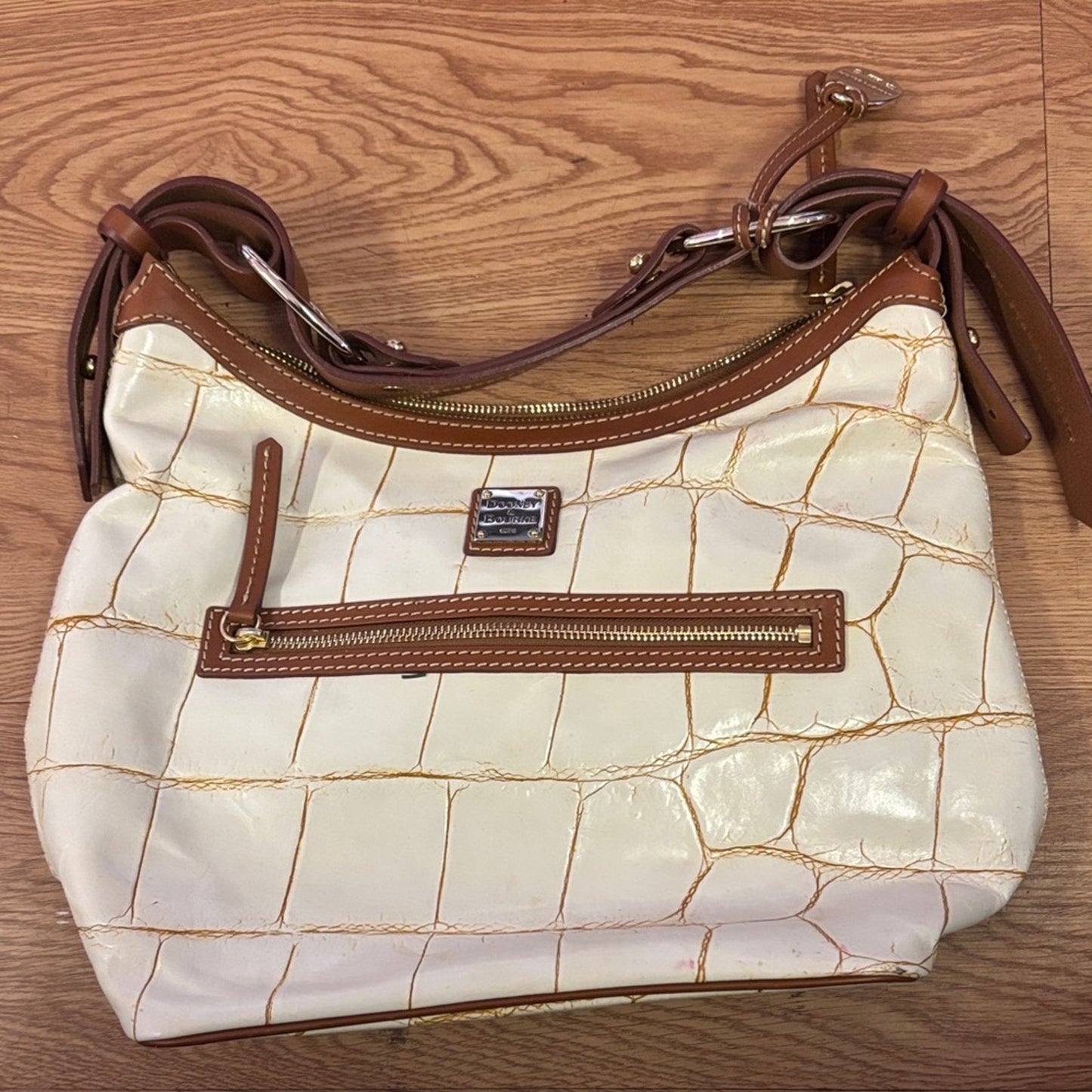 Dooney & Bourke Croc-Embossed Cream and Brown Shoulder Bag