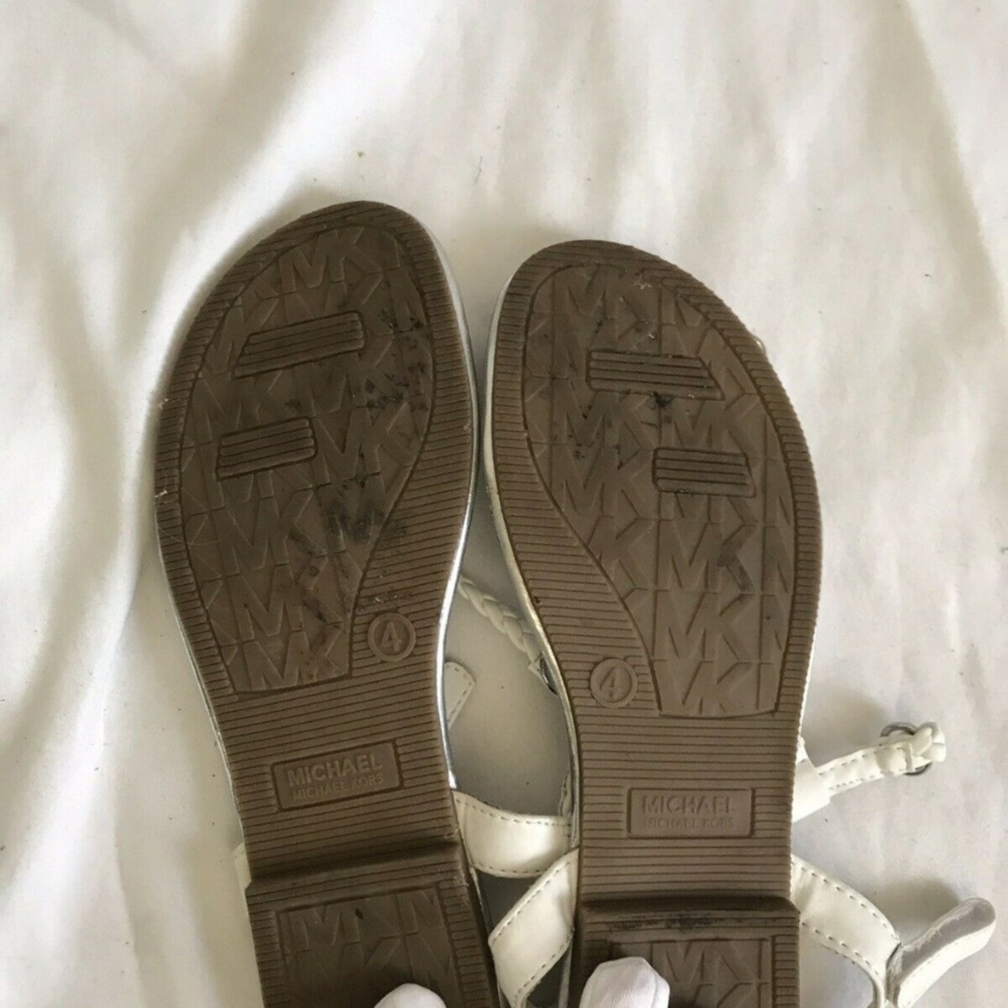 MICHAEL KORS White/Silver Braided T-Strap Sandal