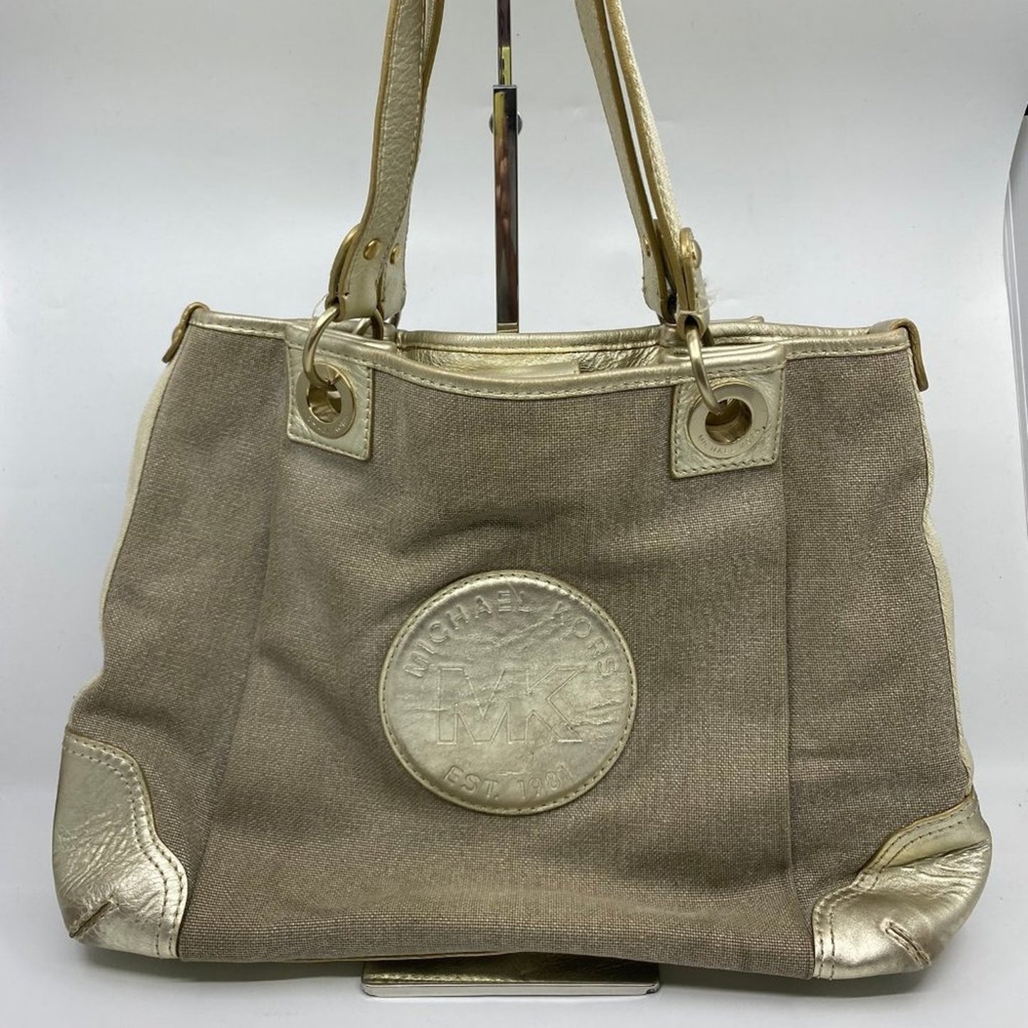 Michael Kors M Tan Interwoven Canvas Shoulder Bag