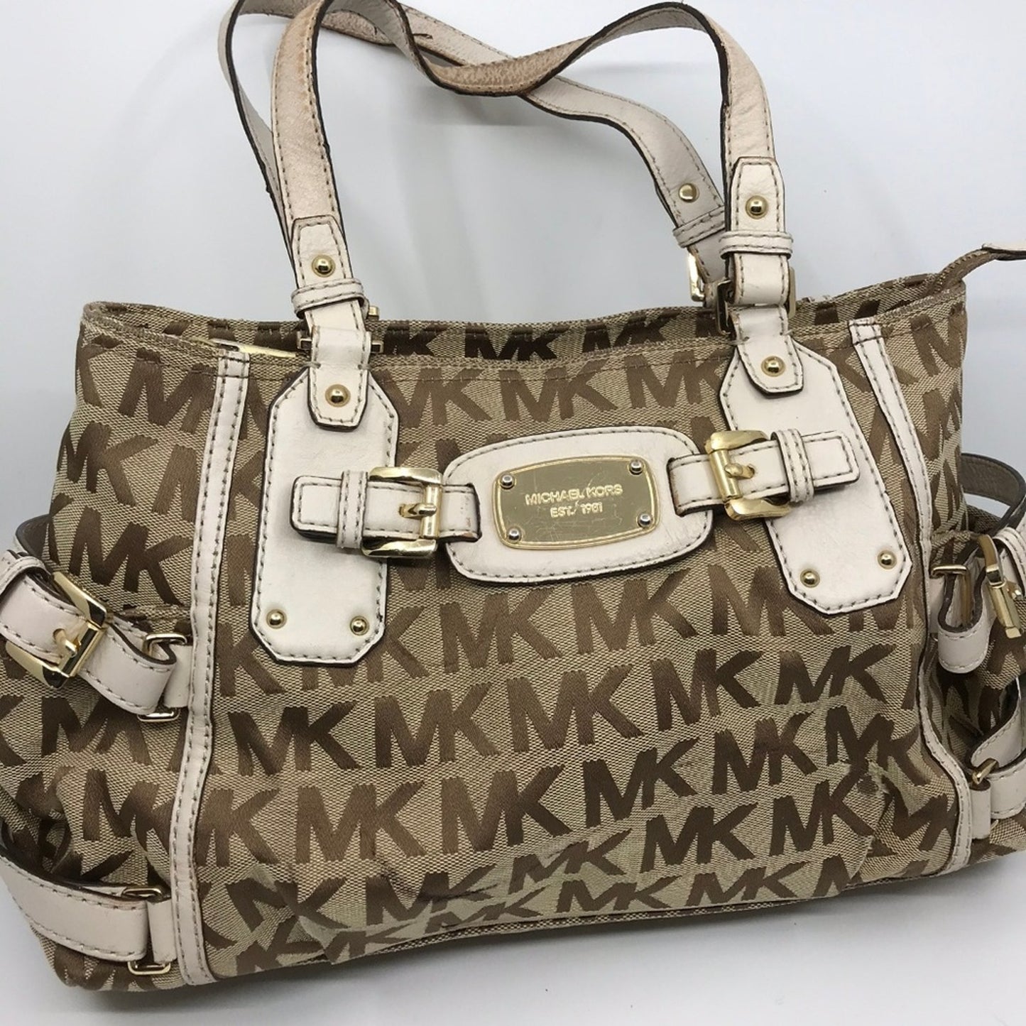 MICHAEL KORS White/Tan Jacquard Fabric Shoulder Ba