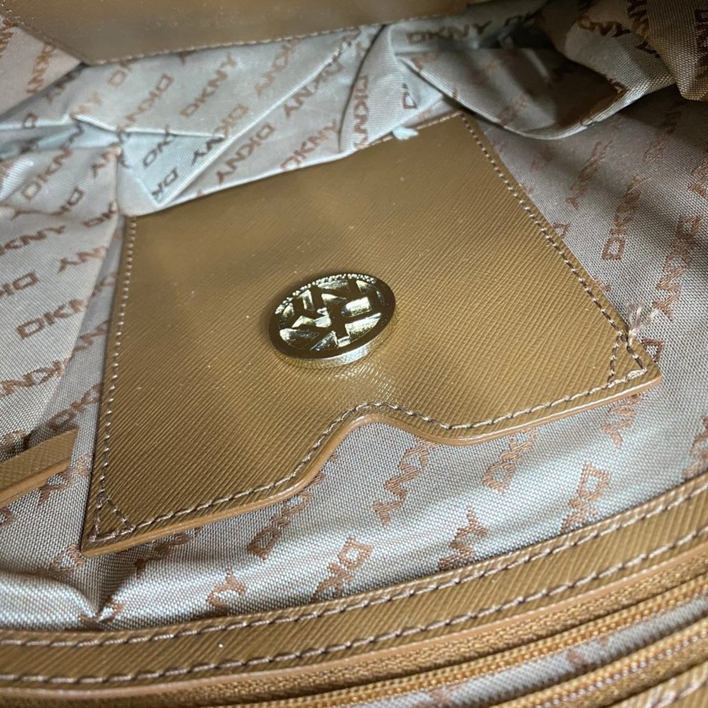 DKNY Tan Orange All Over Logo Fabric Shoulder Bag