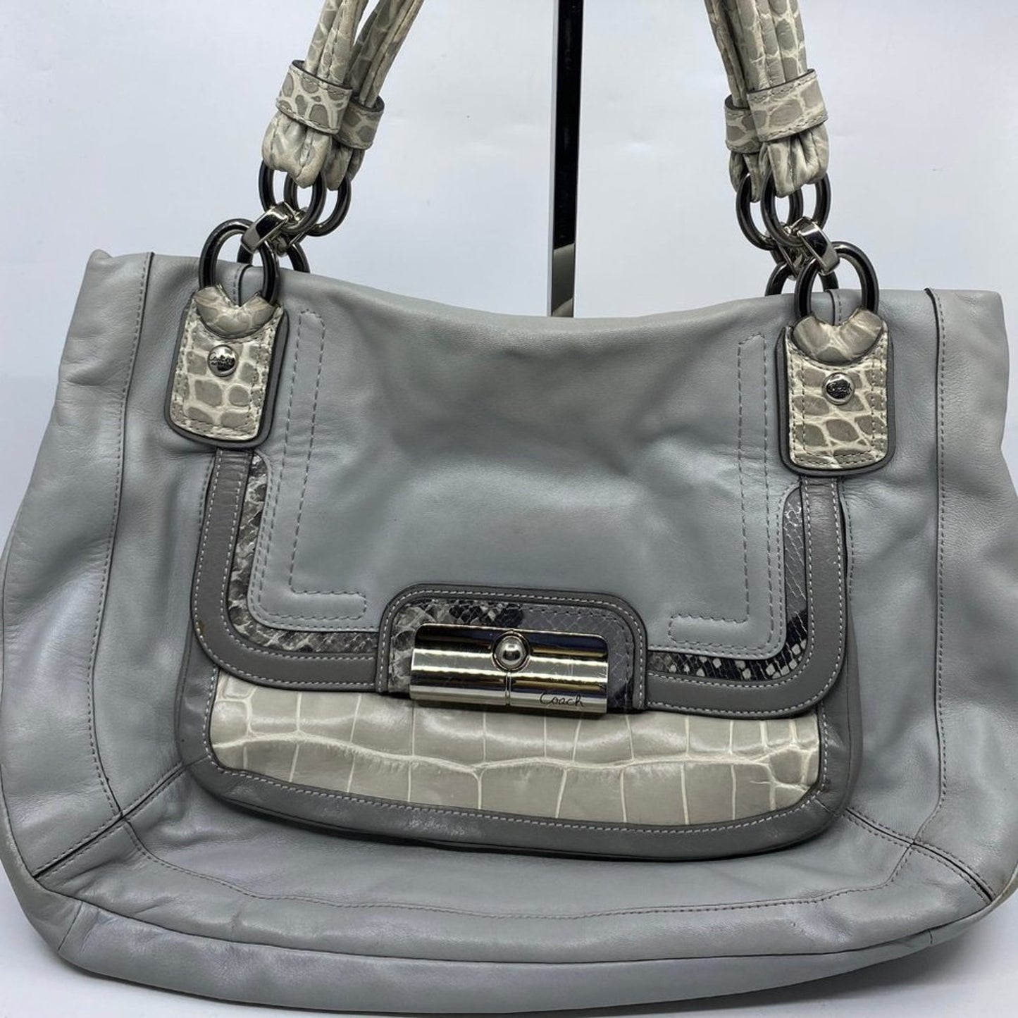Coach Large Snake Embossed Gray Leather Shoulder
