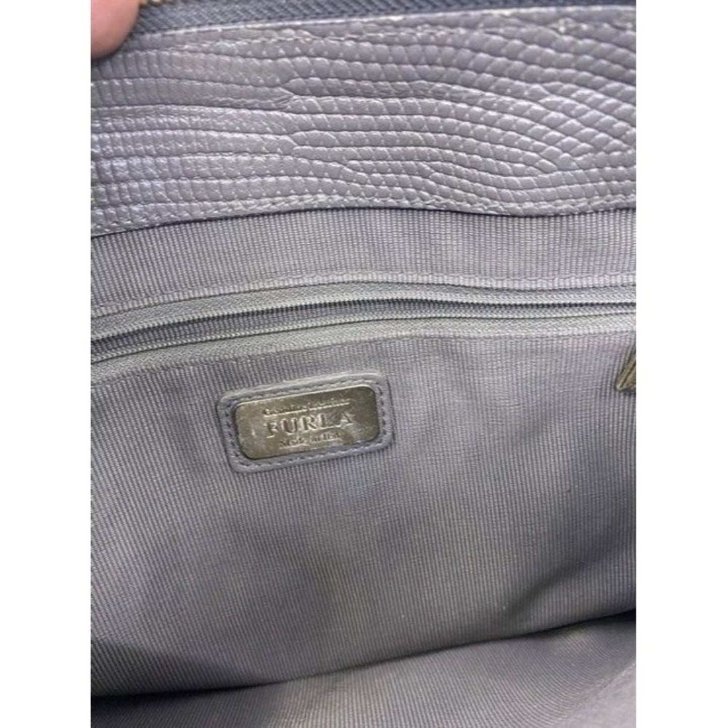 Furla Unique Vintage Snake Print Metal Side Supports Gray Leather Tote