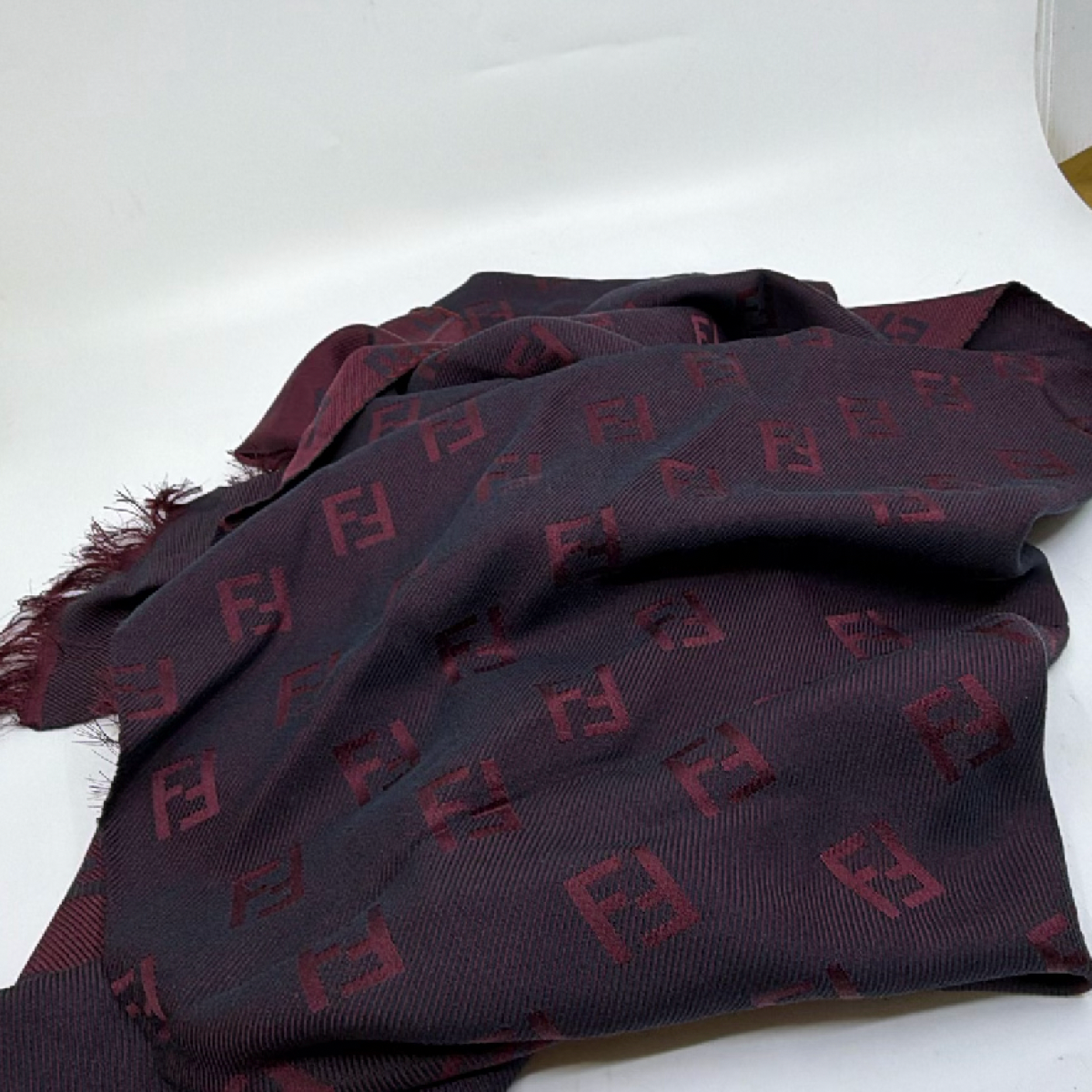 Fendi FF Zucca Monogram Burgundy Wool Silk Blend Scarf