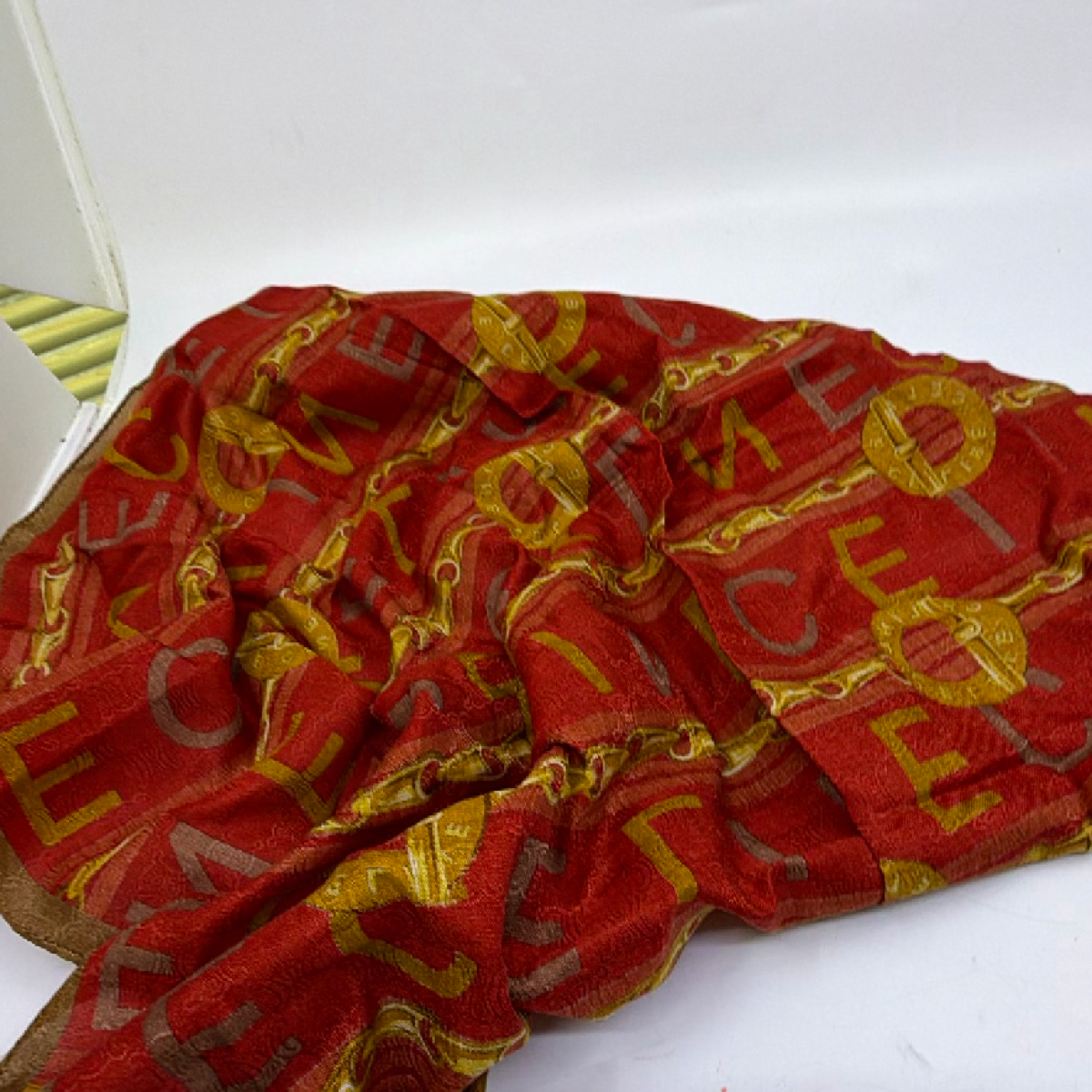 Celine Chain & Logo Print Red Silk Scarf