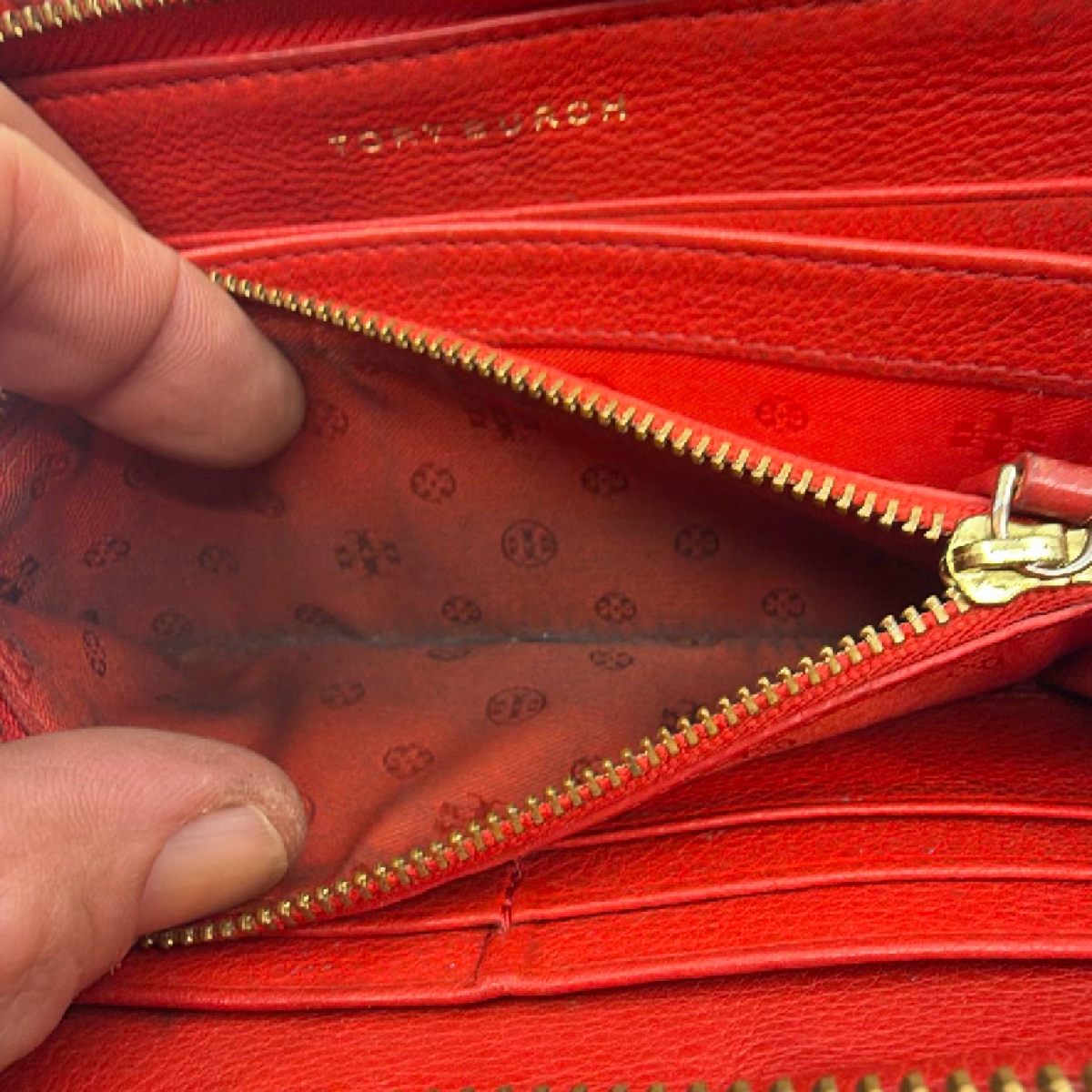 Tory Burch Laced Edge Red Leather Zip Wallet