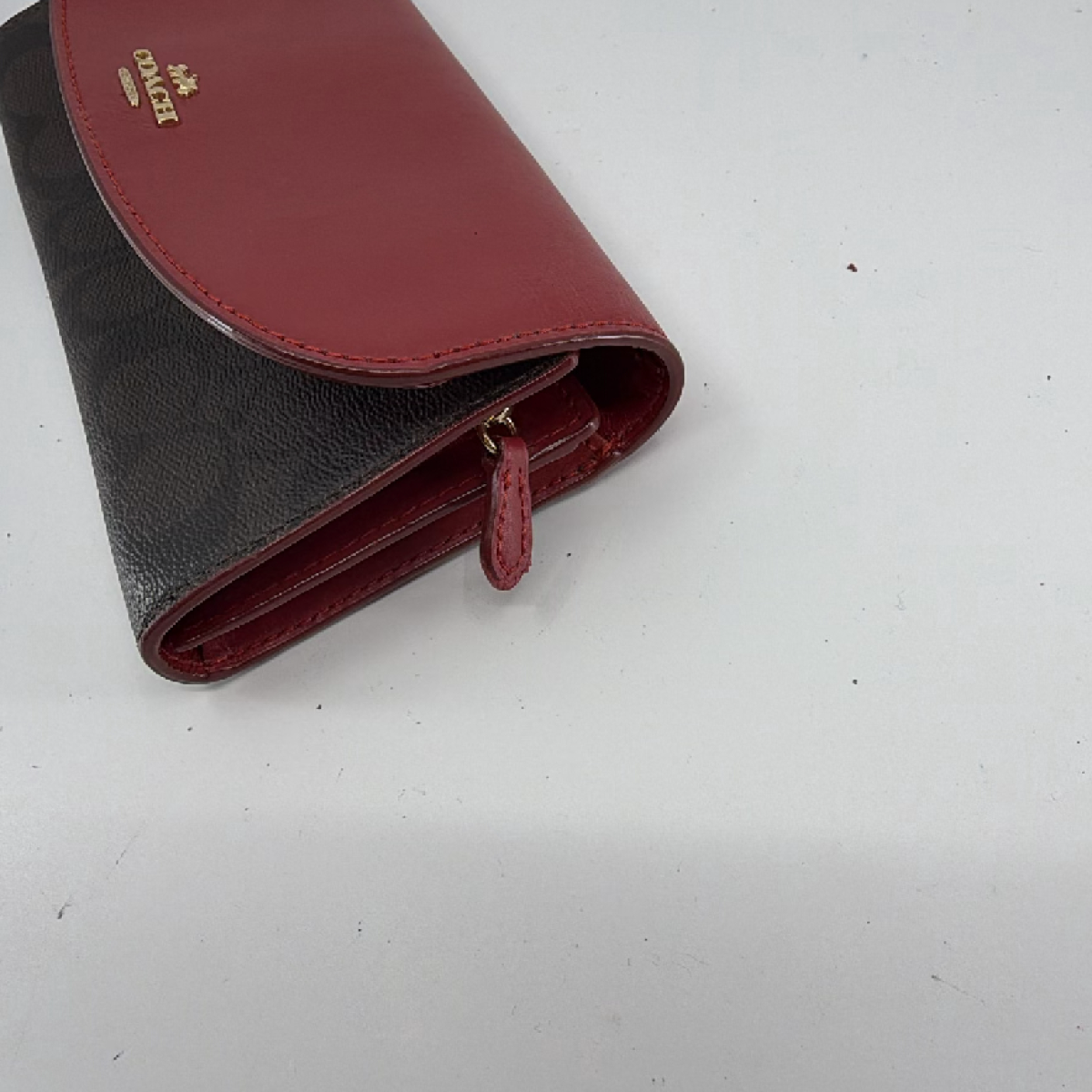 Coach Signature Flap Brown Burgundy Coated Canvas Leather Wallet