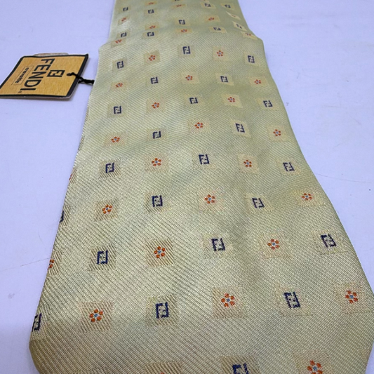 Fendi FF Logo Pattern Yellow Silk Twill Tie