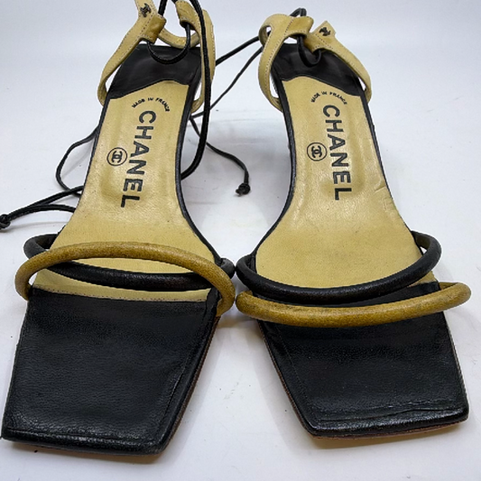 Chanel Black Beige Leather Square Toe Sandal 36.5