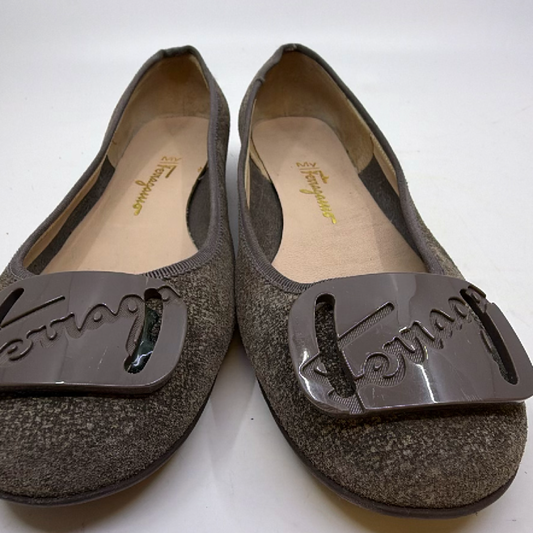 Salvatore Ferragamo Script Buckle Gray Textured Fabric Flat