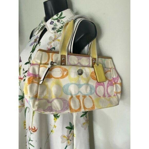 Coach Women's White Yellow Medium Fabric Tote Bag