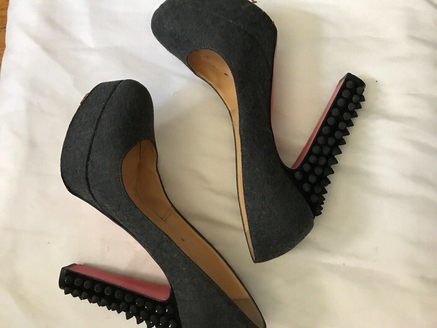 CHRISTIAN LOUBOUTIN Grey Denim Classic Pumps W/ Heel Spikes On Heels 36.5
