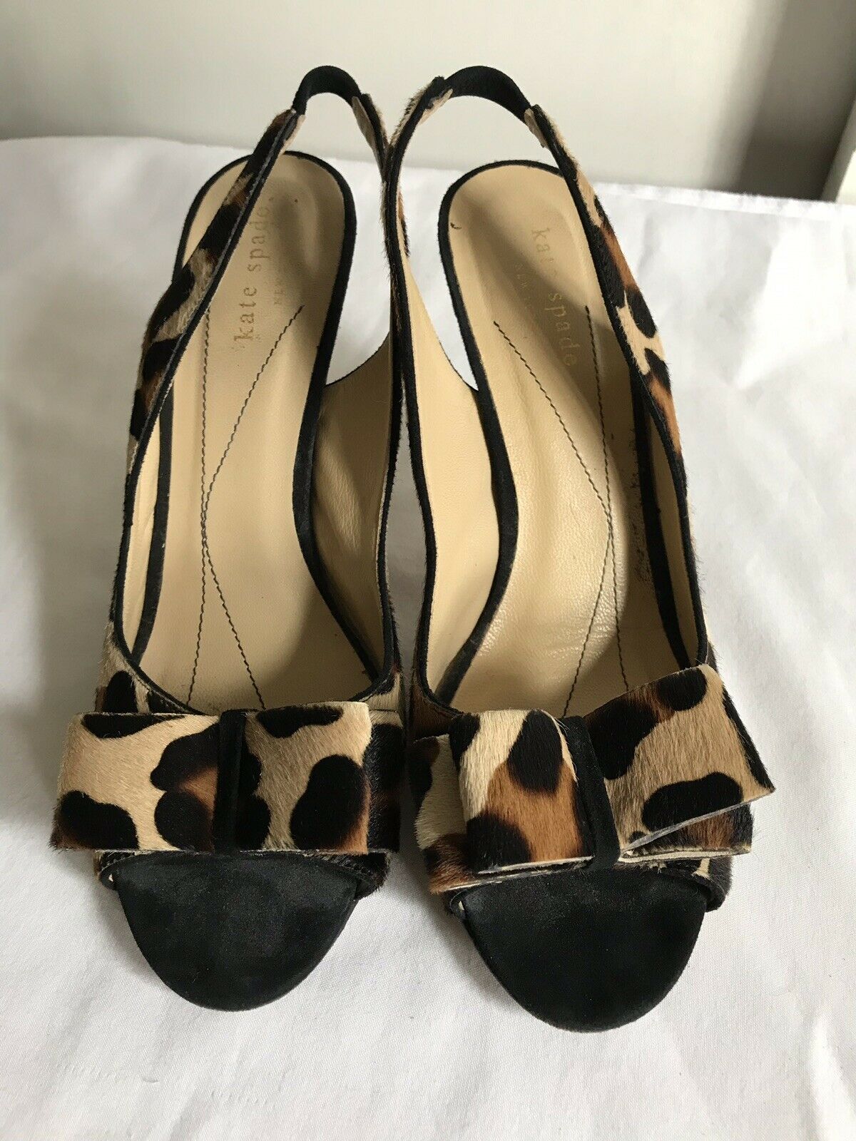 KATE SPADE calf Hair Animal Leopard Print Peeptoe Slingback Platform heels 7.5