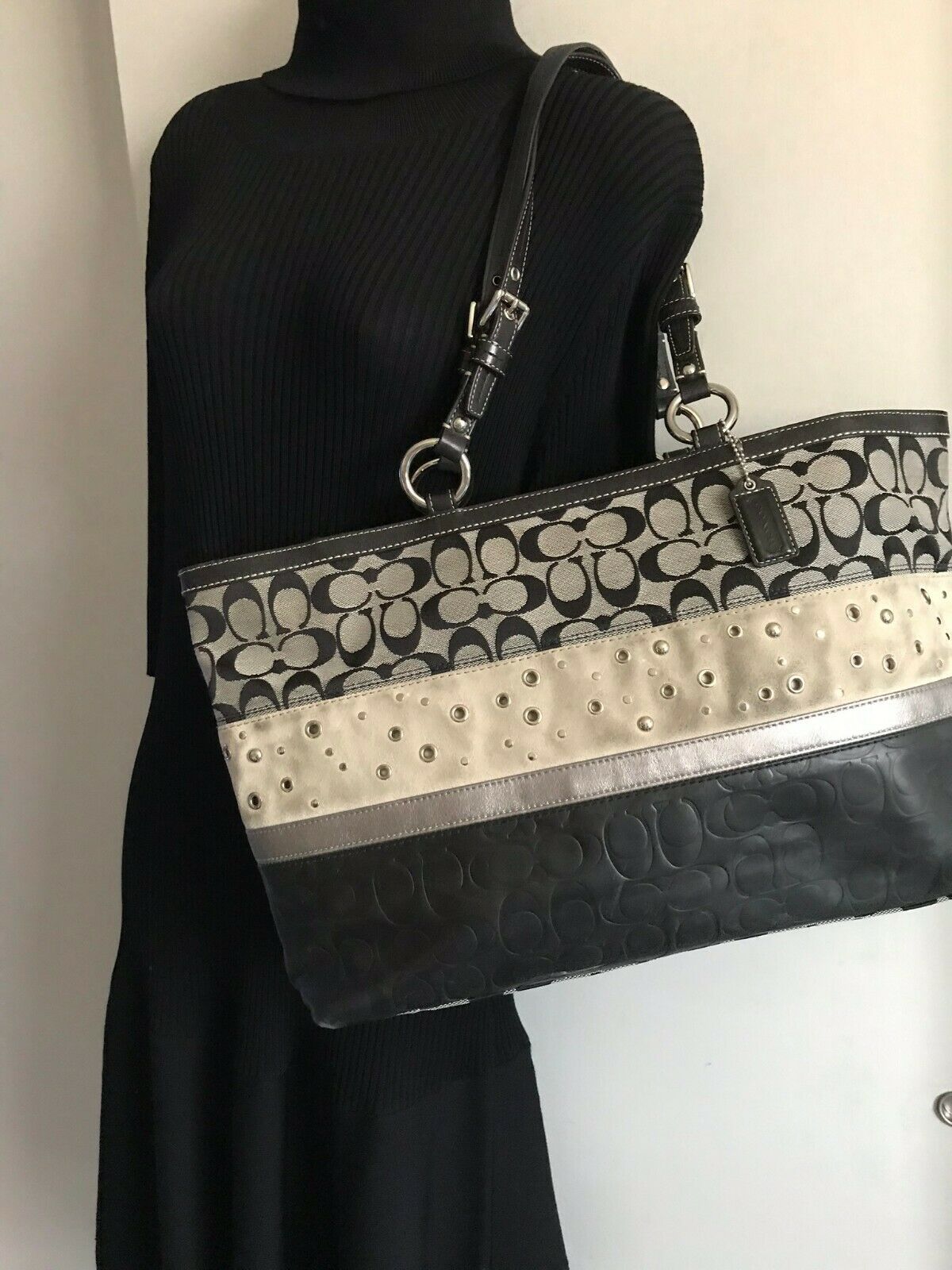 Coach Black Interwoven Fabric Tote Bag