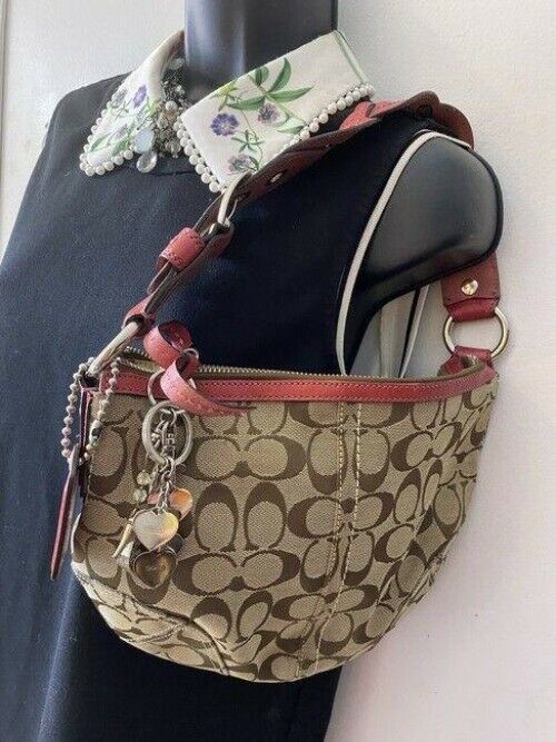 coach mini bag pink tan fabric tote