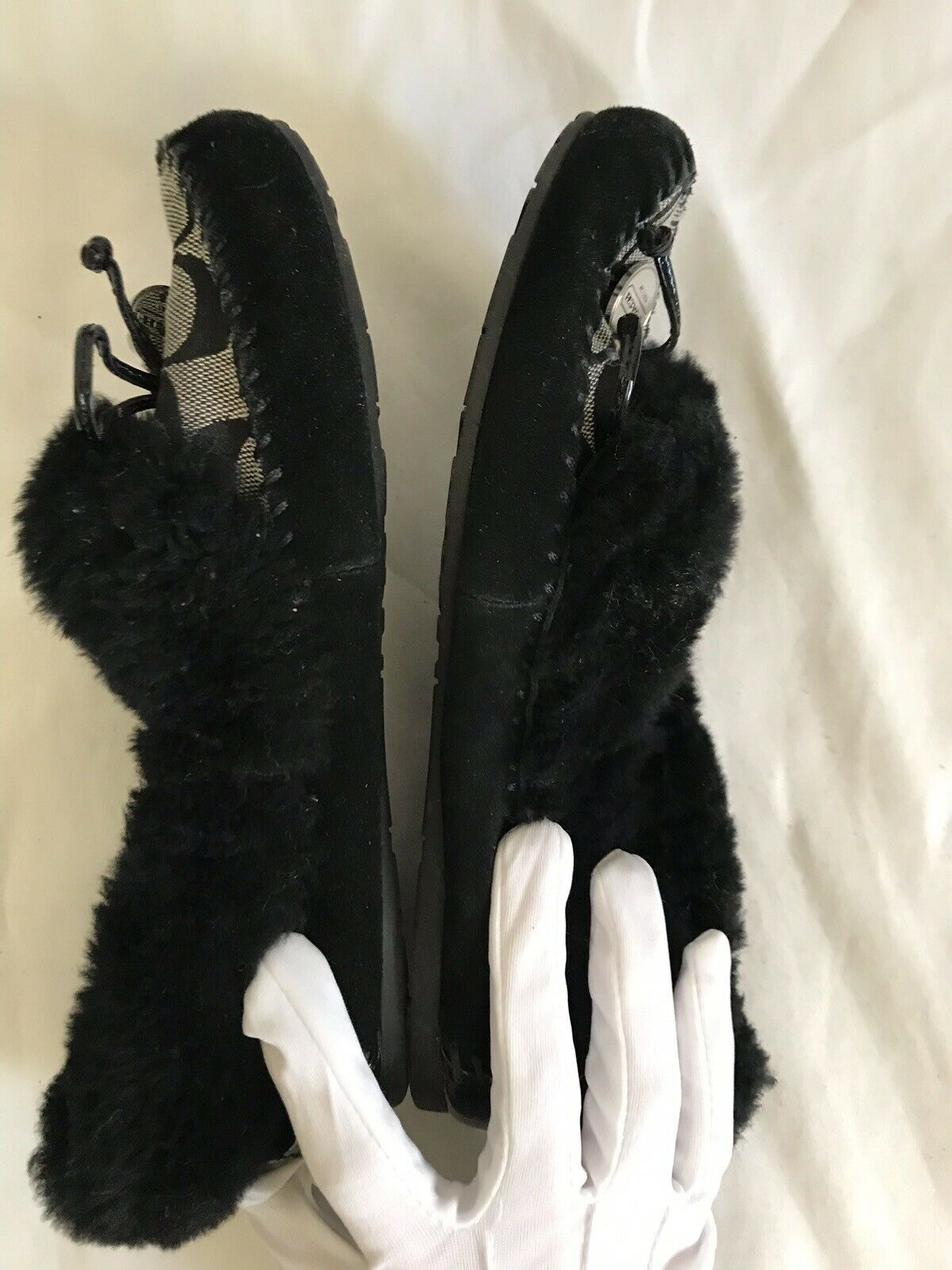 COACH Black Faux Fur/Jacquard Logo Moccasin Flats