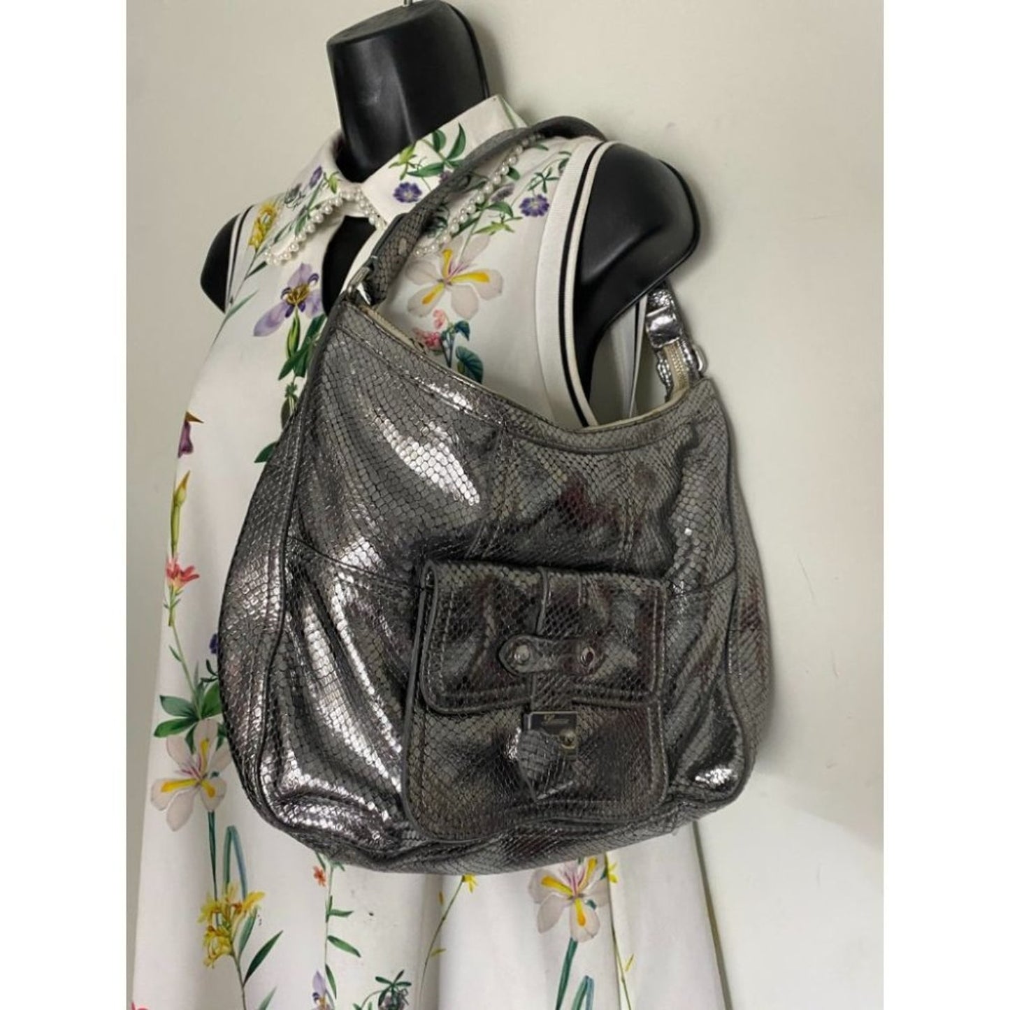 COLE HAAN Silver Snake Print Leather Hobo Bag