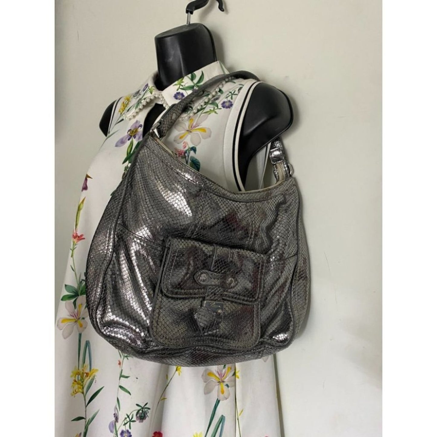 COLE HAAN Silver Snake Print Leather Hobo Bag