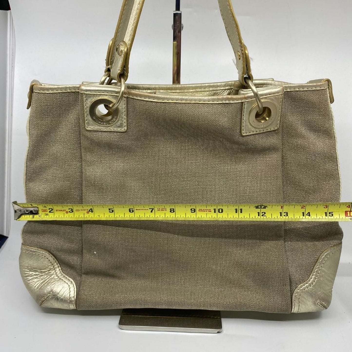 Michael Kors M Tan Interwoven Canvas Shoulder Bag