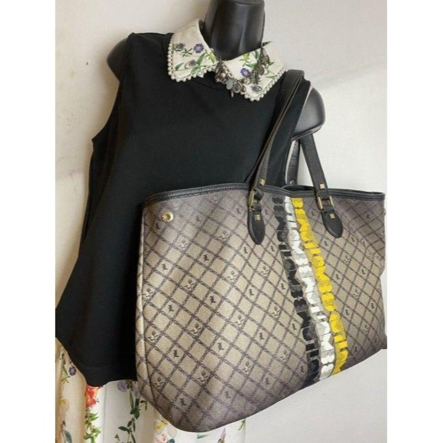 lamb shopping xl l black tan coated canvas tote