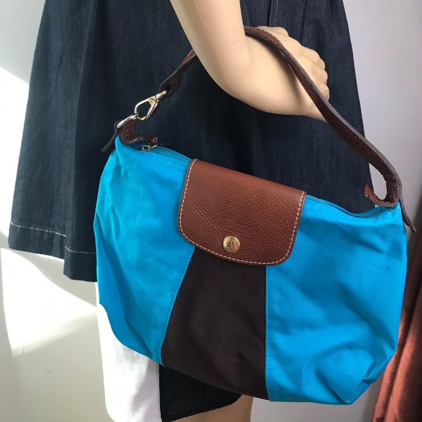 LONGCHAMP Blue Brown Fabric Chic Shoulder Bag