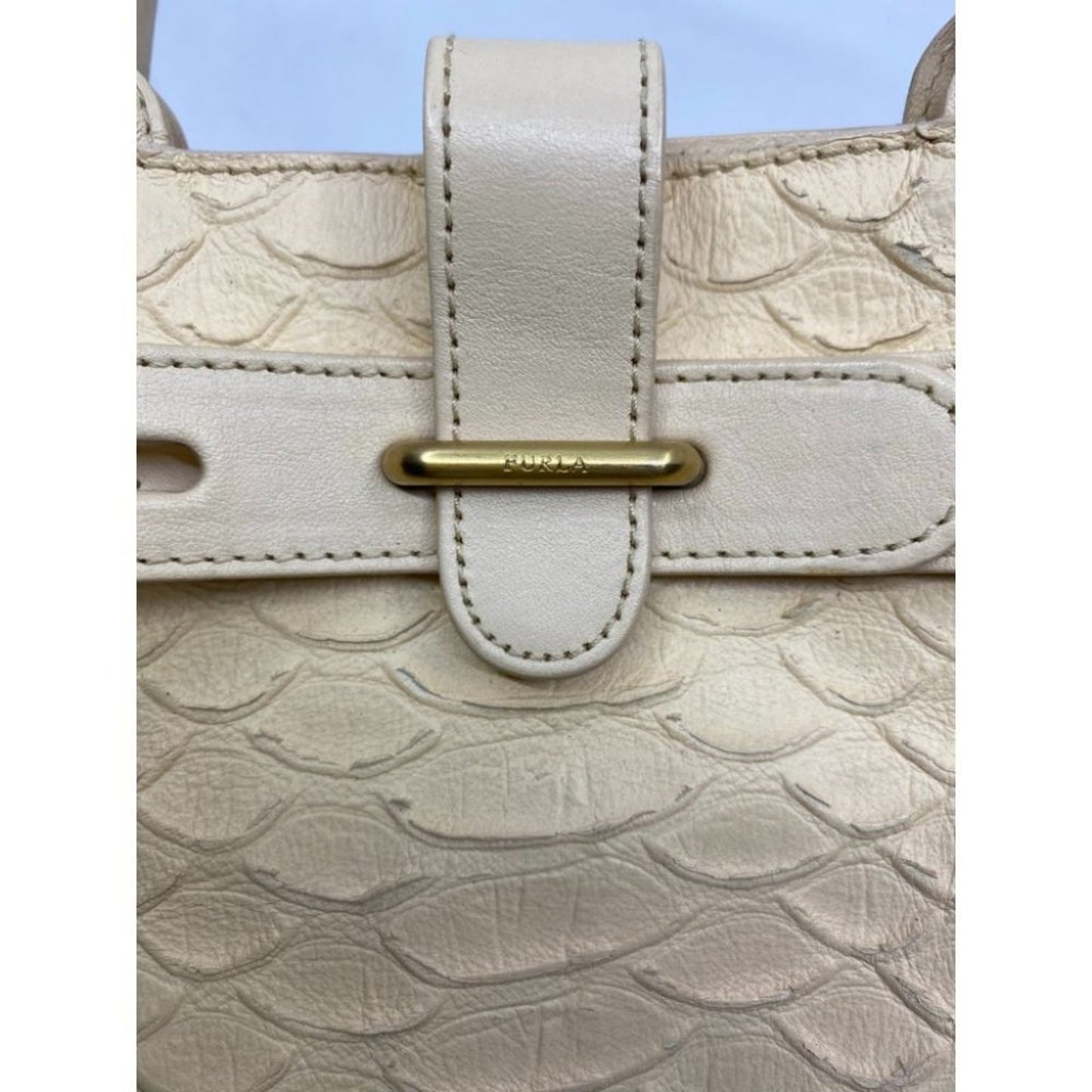 FURLA Croc Embossed Beige Leather Handbag