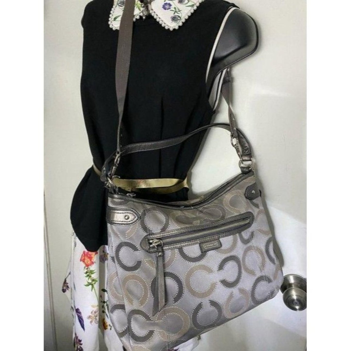 coach medium size silver gray jacquard fabric cros