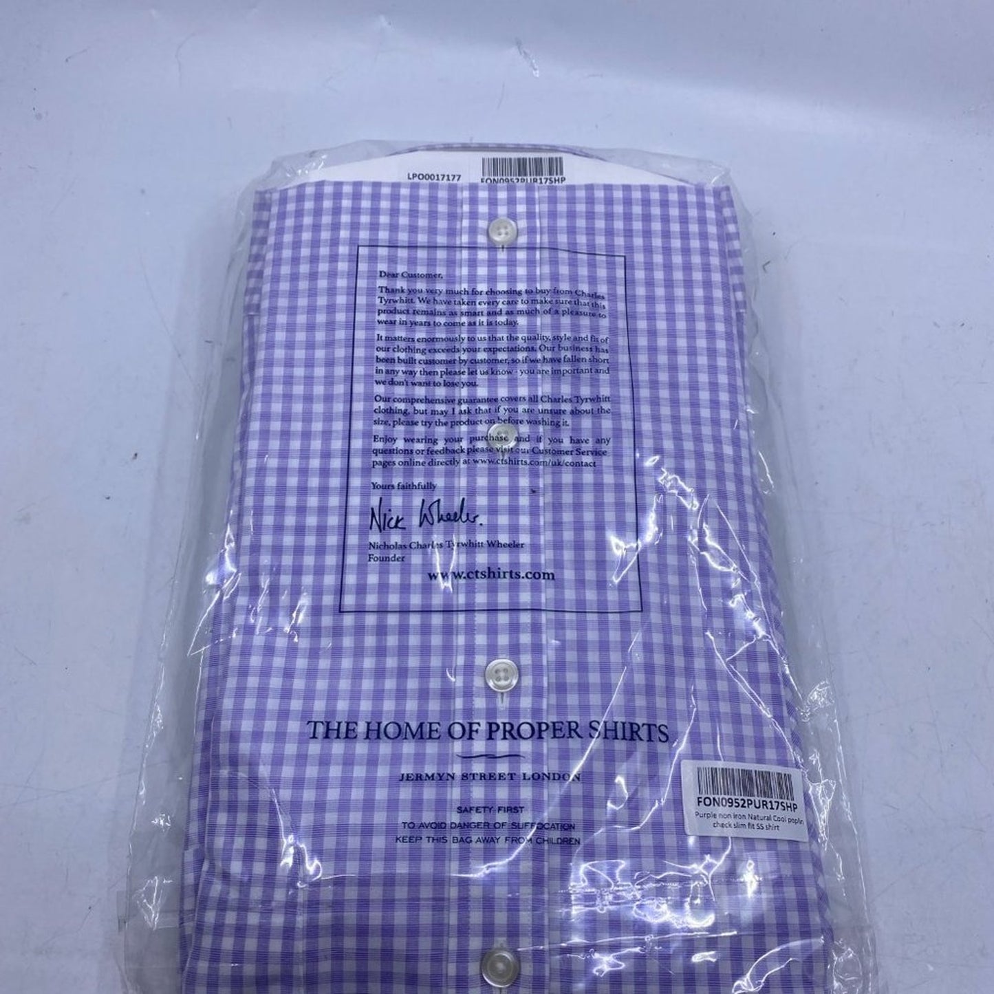 Charles Tyrwhitt purple non iron natural cool poplin check slim fit SS s…