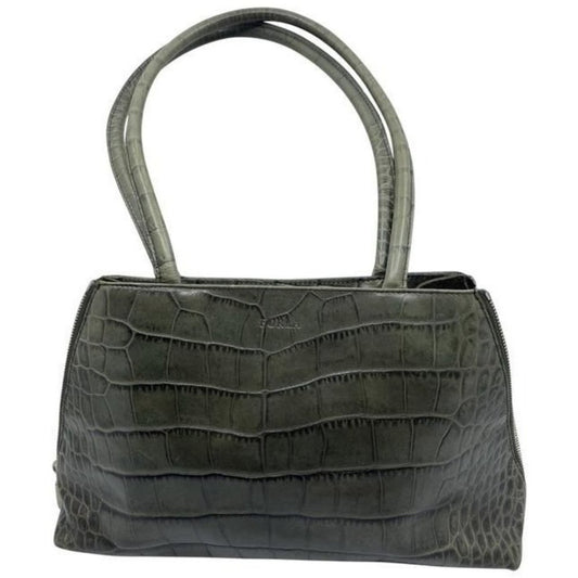 Furla Croco Embossed Bowler Green Leather Shoulder Bag