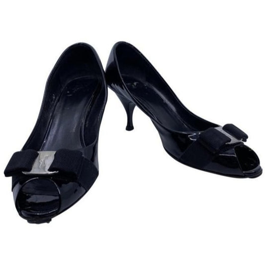 Salvatore Ferragamo Black Ribes Open Toe Bow Pumps Size Us