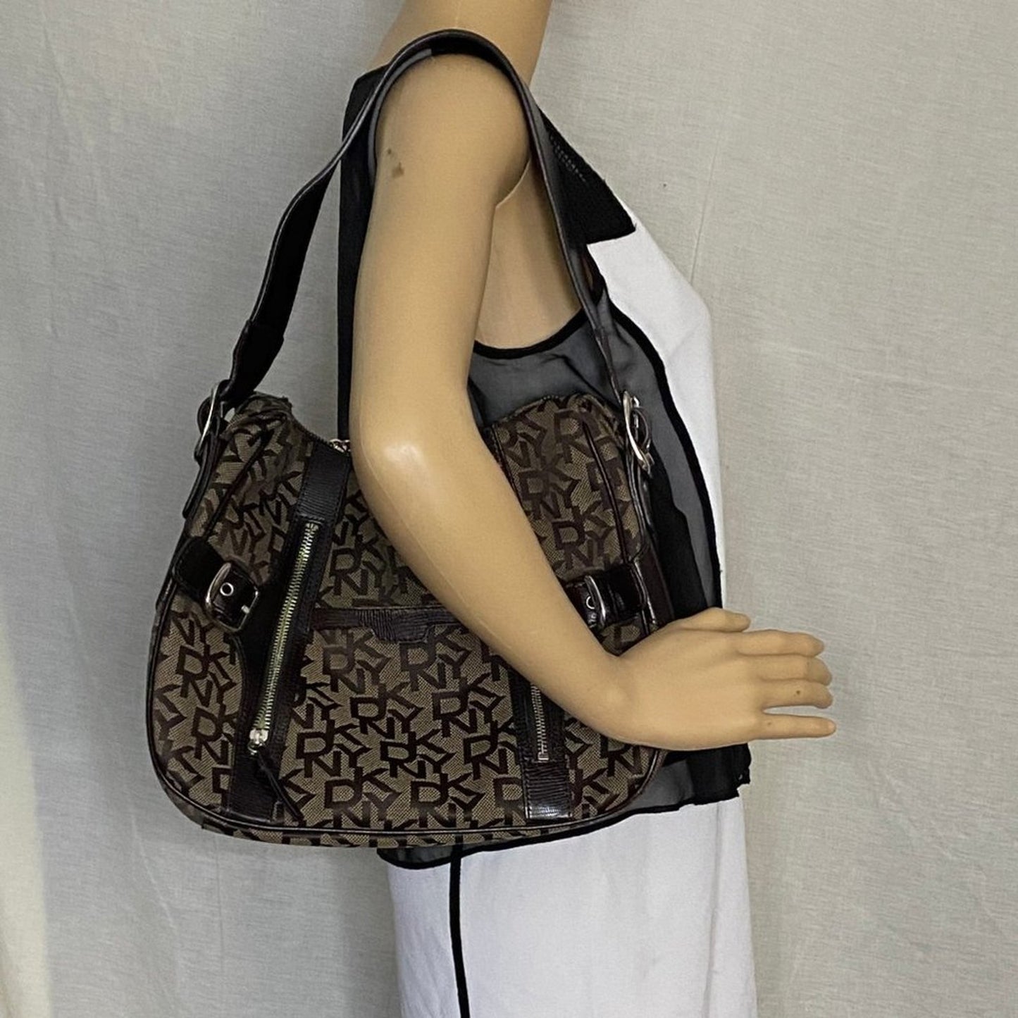 DKNY Brown Tan All Over Logo Fabric Hobo Bag