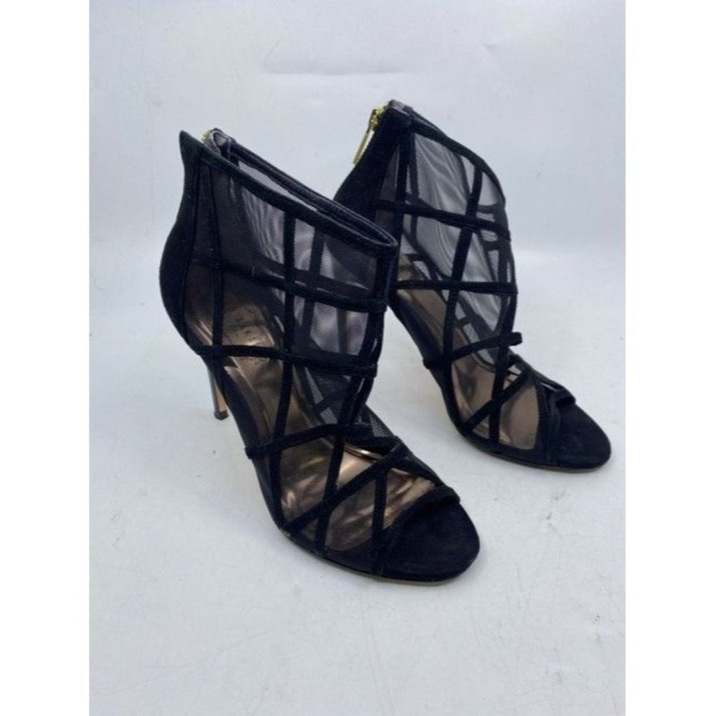 Black Xstal Mesh Peep Toe Heels In Leather Bootsbooties Size Eu