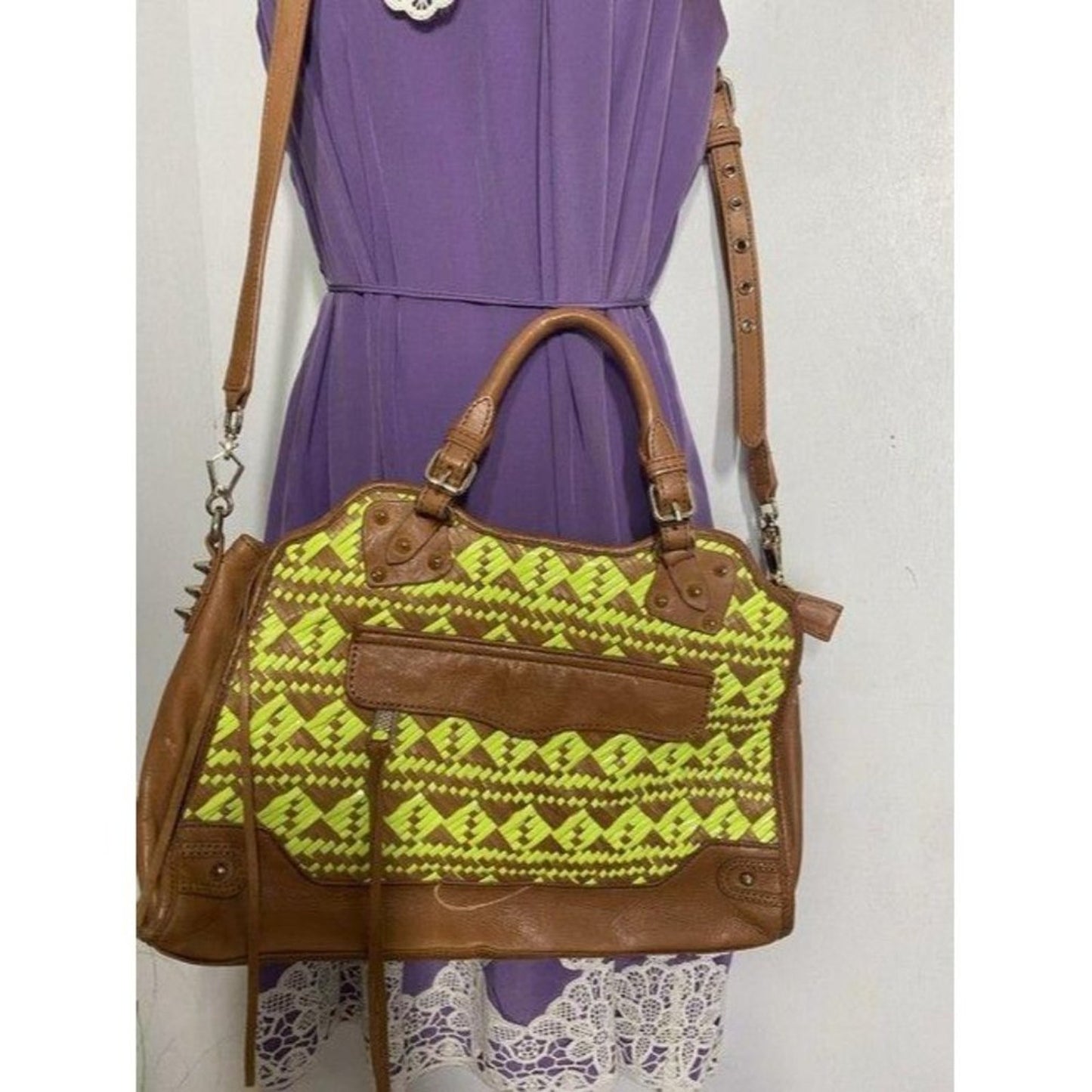 rebecca minkoff woven neon leather cross body bag
