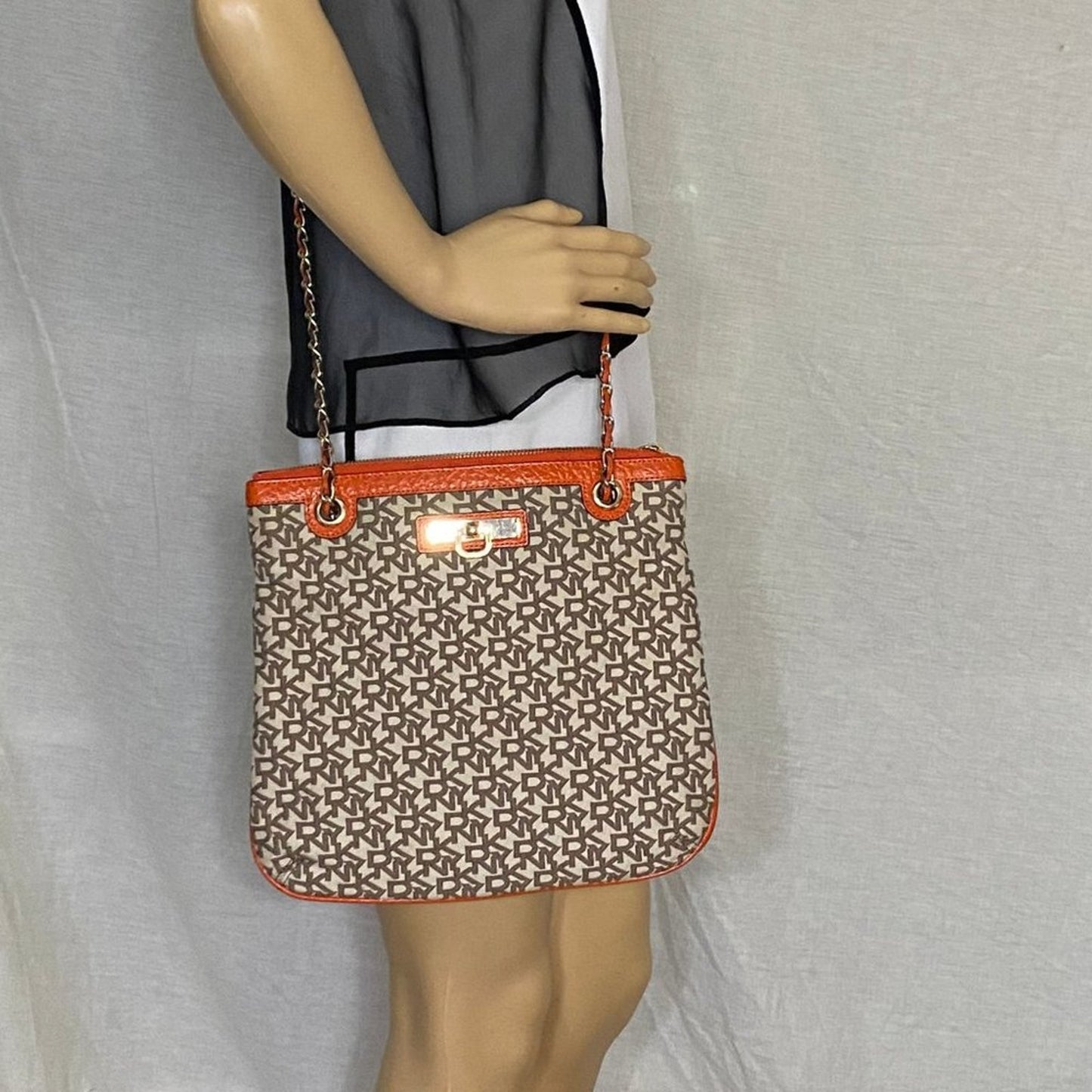 DKNY Tan Orange All Over Logo Fabric Shoulder Bag
