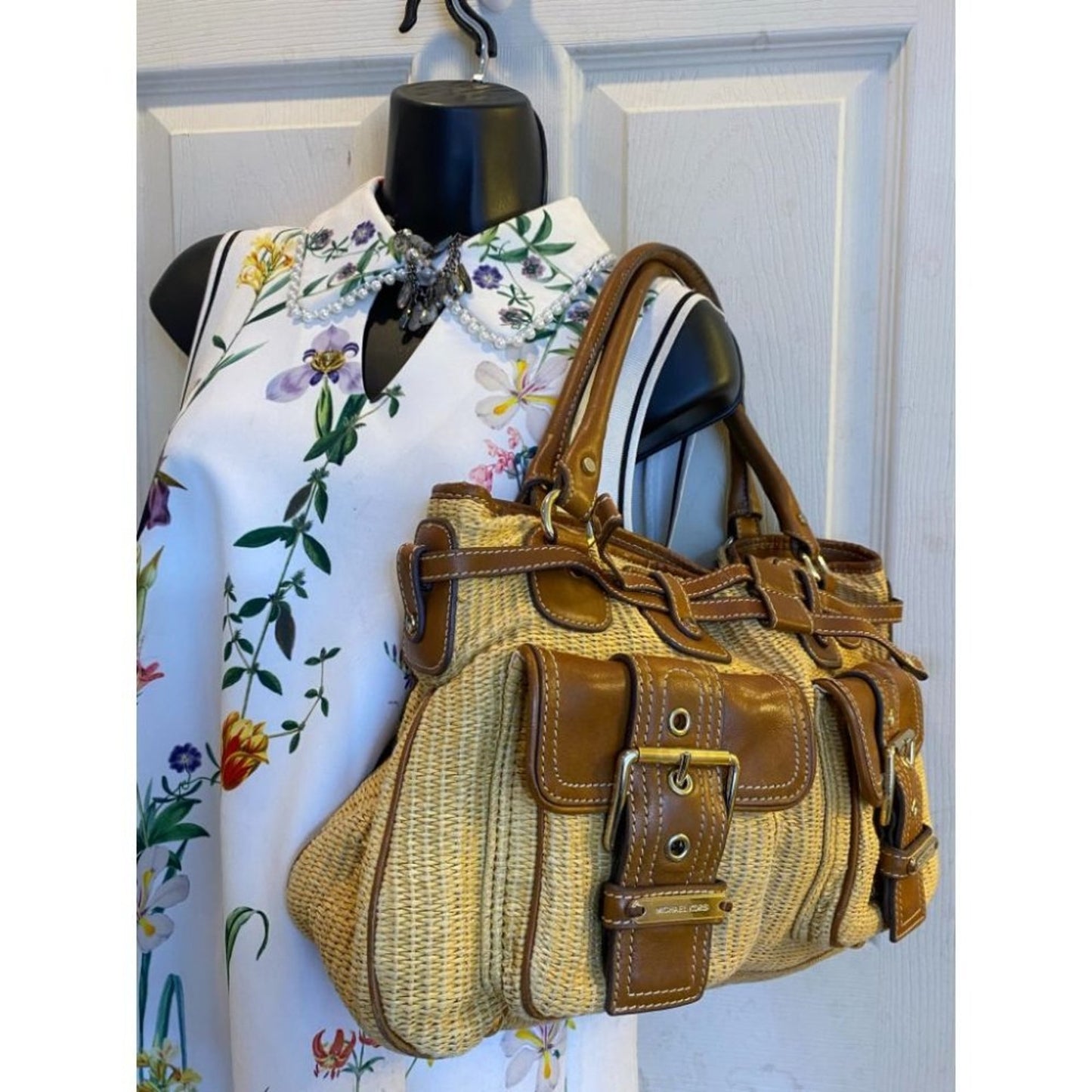 Michael Kors Yellow Brown Woven Tote Bag
