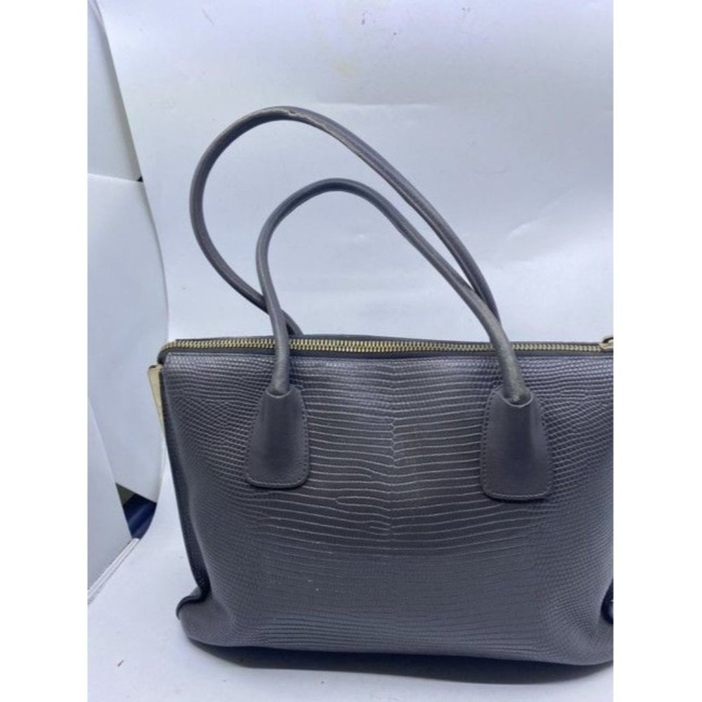 Furla Unique Vintage Snake Print Metal Side Supports Gray Leather Tote
