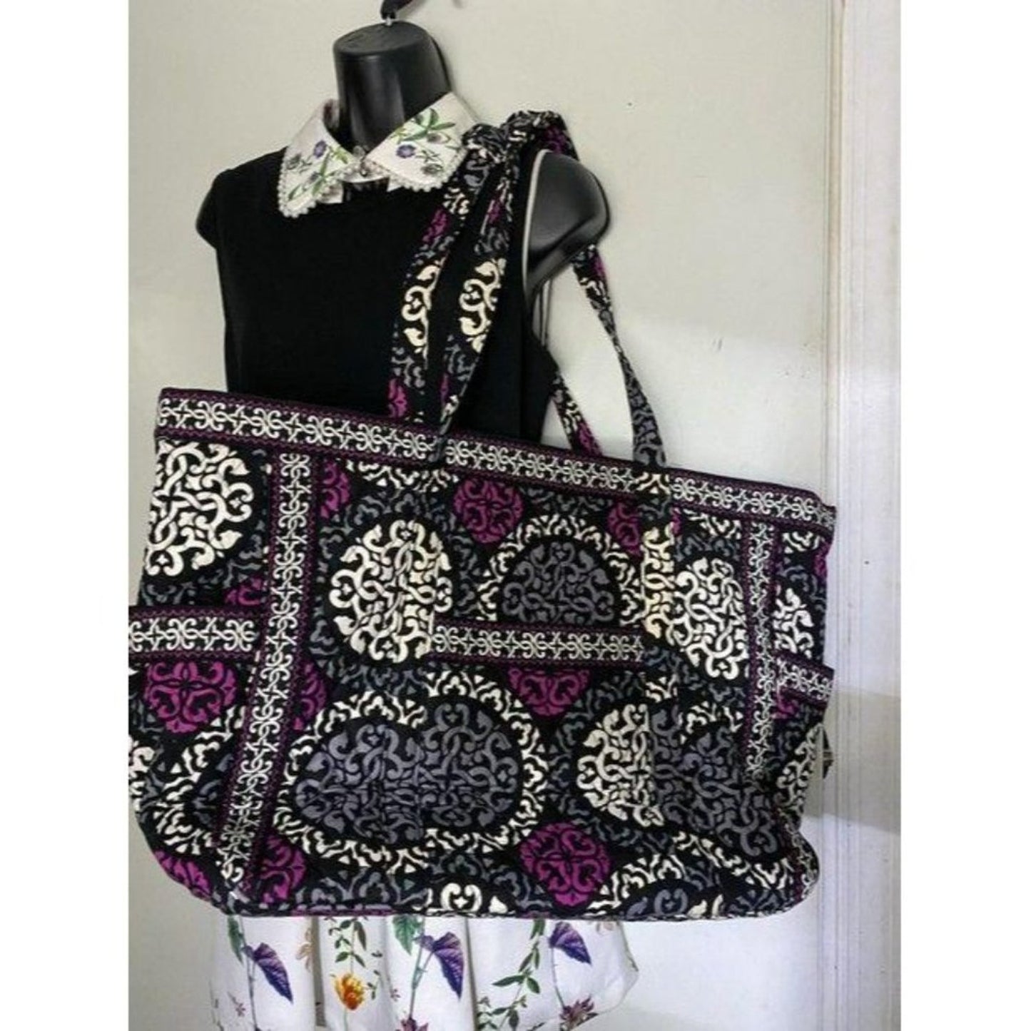 vera bradley bag quilted black purple white fabric