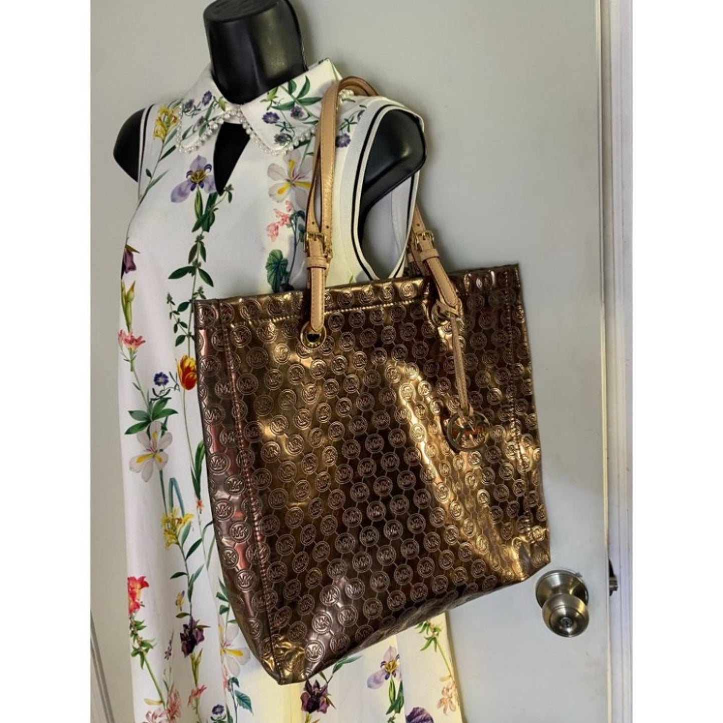 Michael Kors Brown Gold Patent Leather Tote Bag