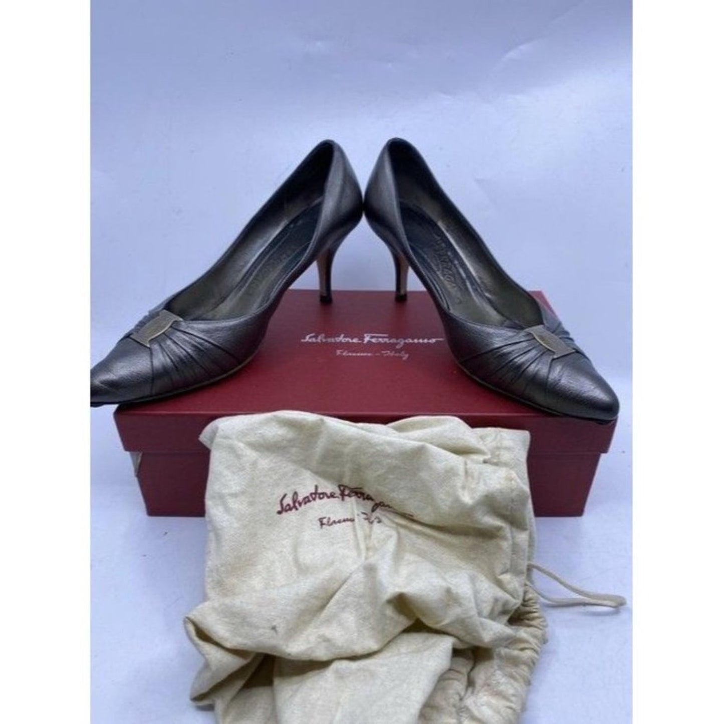Salvatore Ferragamo Gun Metal Firsea Flat Bow Pumps Size Us