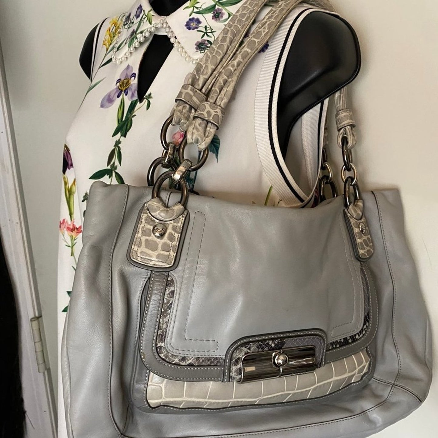 Coach Large Snake Embossed Gray Leather Shoulder