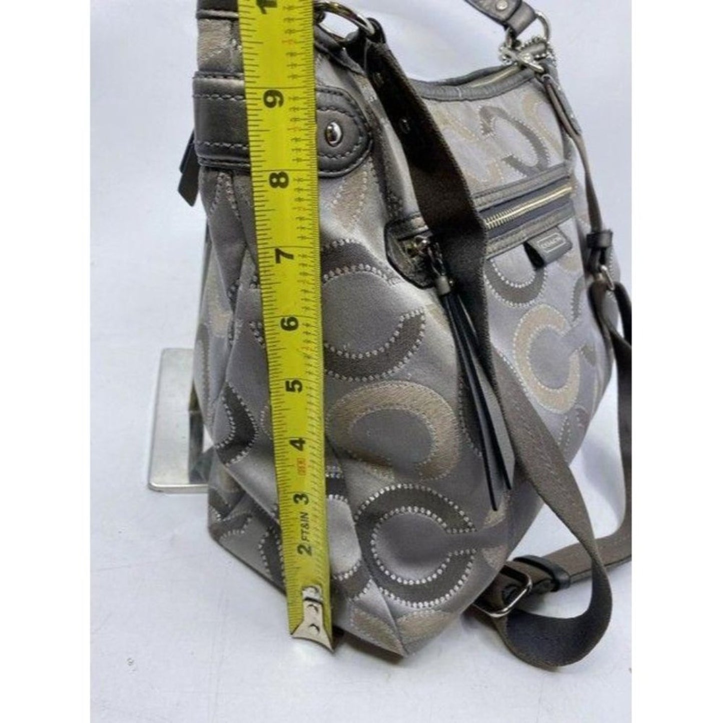 coach medium size silver gray jacquard fabric cros