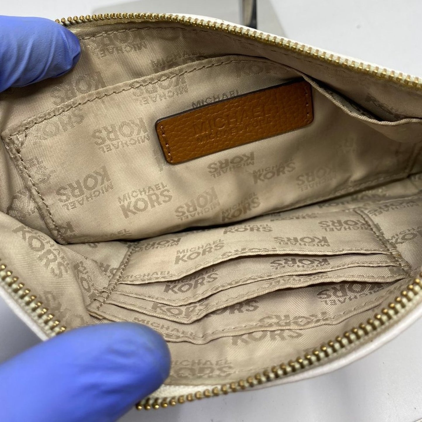 Michael Kors White Brown Grain Leather Wristlet
