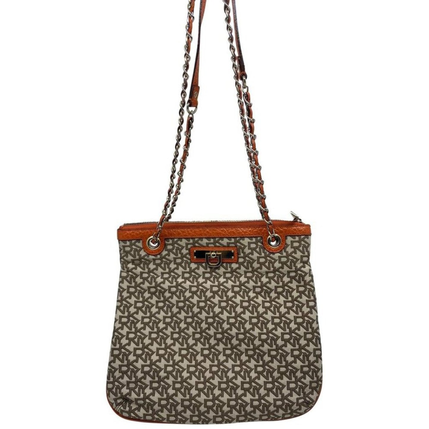 DKNY Tan Orange All Over Logo Fabric Shoulder Bag