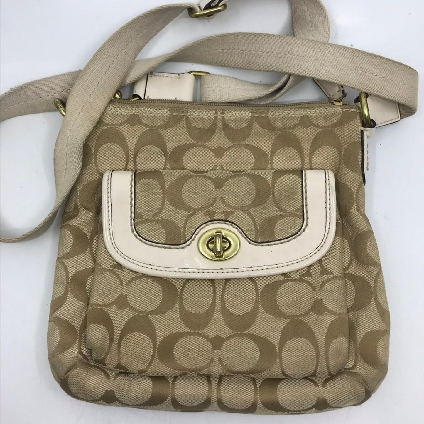 COACH Tan Cream Jacquard Fabric CrossBody Bag