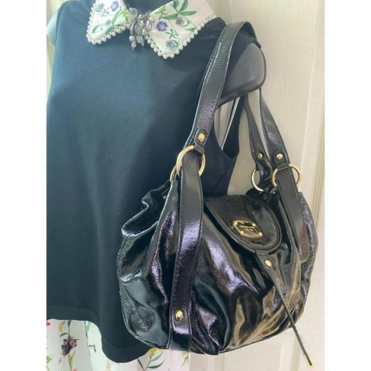 michael kors large black patent leather shoulder b