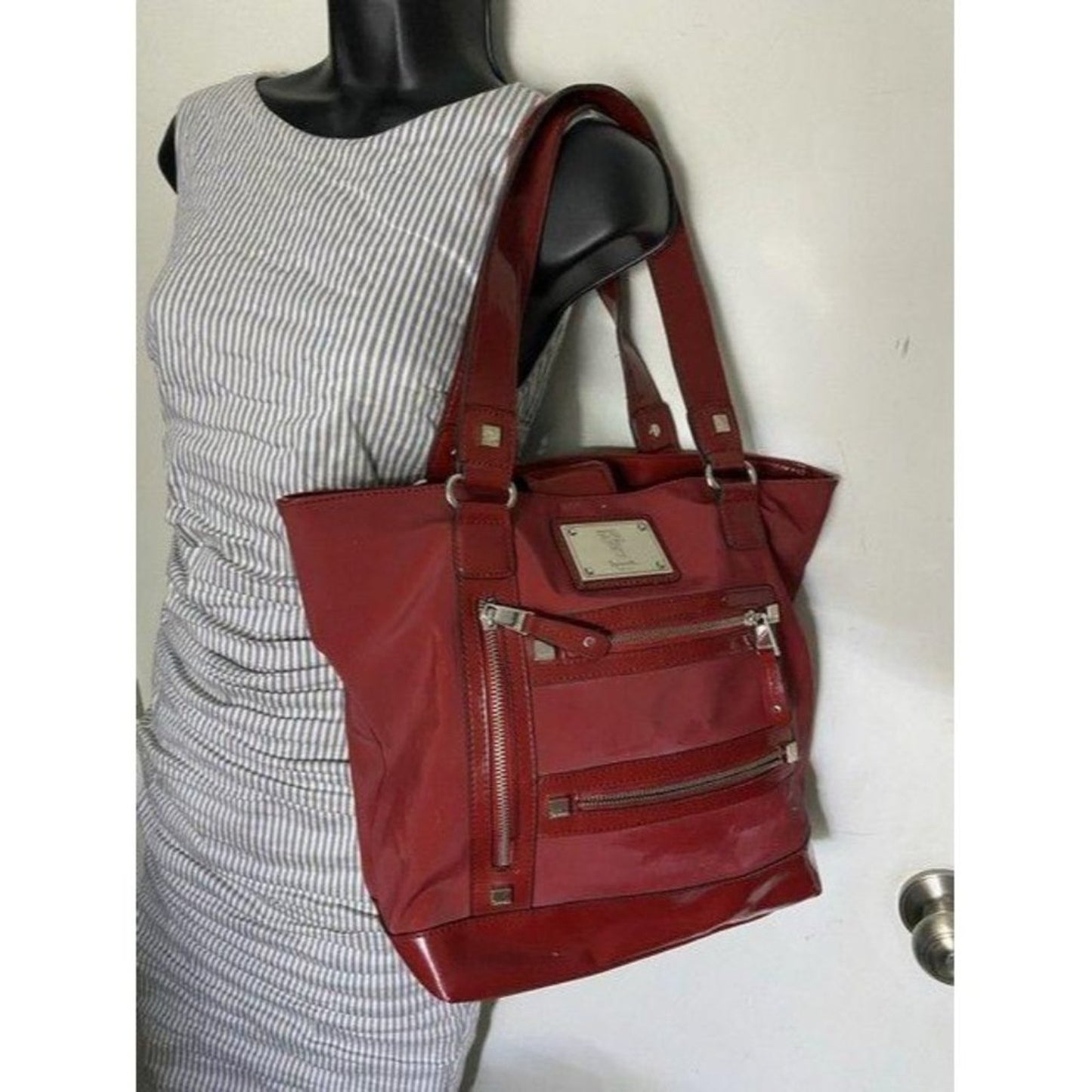 Tignanello Shoulder Bag Red Nylon Fabric Tote