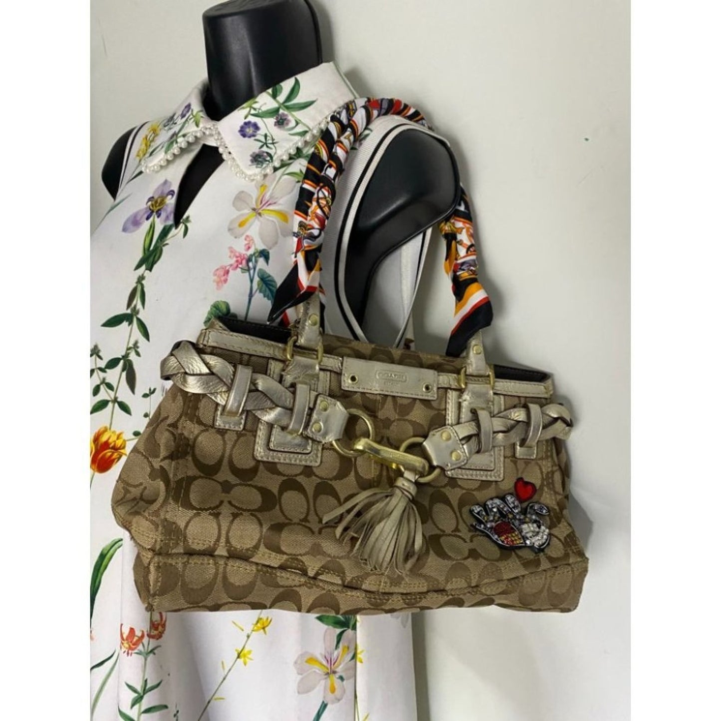 Coach Tan Silver Hand Bag Customized Embellishment
